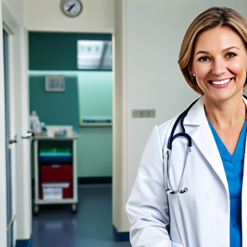 **

"A skilled female doctor wearing a clean, white coat, stethoscope around her neck, smiling gently in a bright, modern hospital office, fully clothed, appropriate attire, safe for work, perfect anatomy, natural pose, professional photography, high resolution, family-friendly."

**